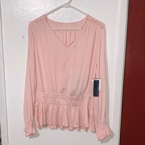 Women's Pink Long-Sleeve V-Neck Peplum Blouse